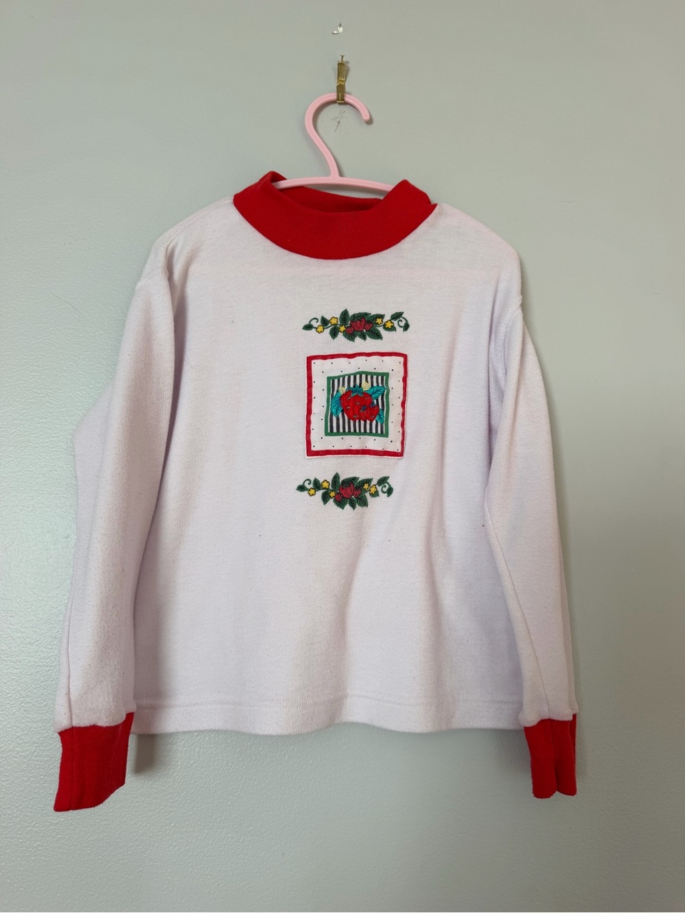 Vintage Girls Cream Sweater with Red Trim and Floral Embroidery